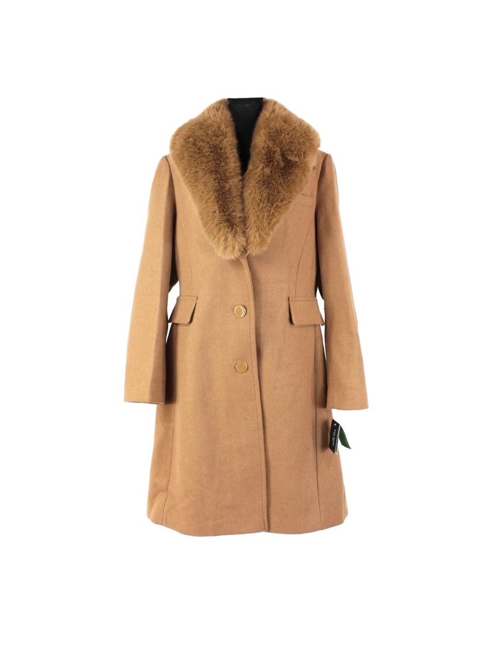 kate spade Camel Wool-Blend Pea Coat with Faux Fur Collar